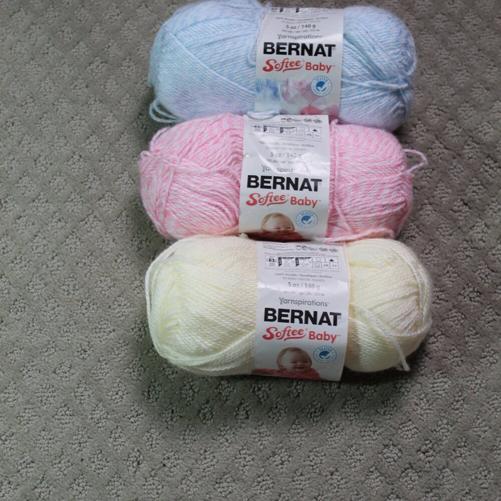 3 Skeins Bernat Softee Baby 5 oz 100% Acrylic Pink Blue Yellow Yarn